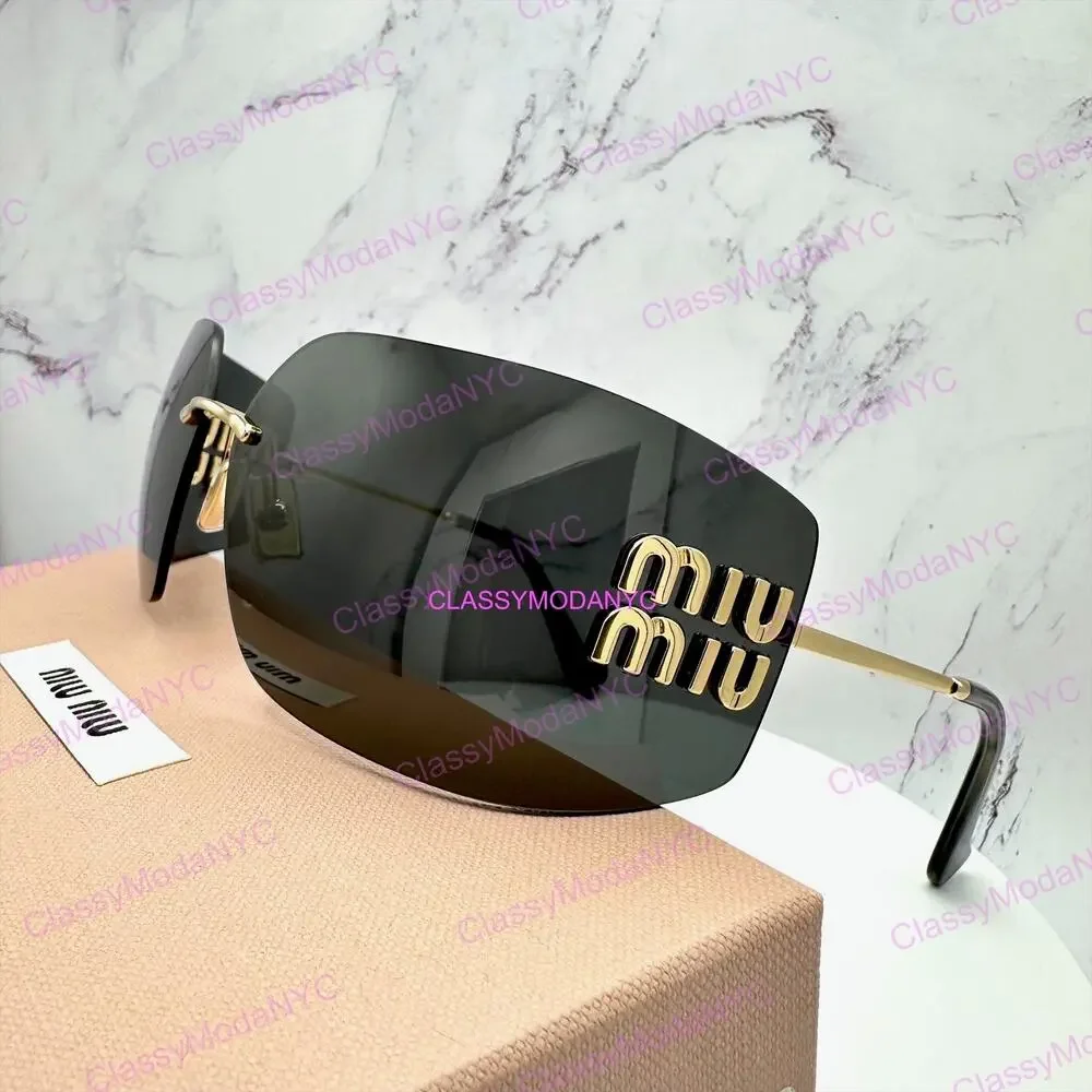 New MIU MIU Sunglasses Gold Rimless Wrap Square Oversized MIU MIU Logo Italy